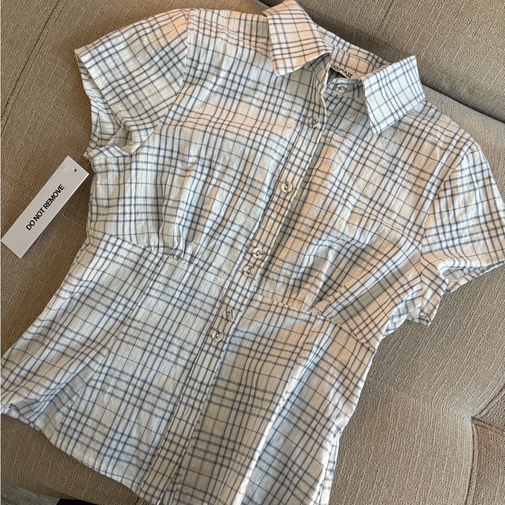 Plaid FITTED Button Down Blouse | Blue & White Fitted | Size M